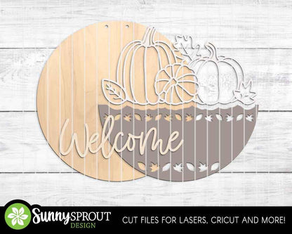 Welcome Fall Pumpkin Leaf Outline Sign, Digital Download, SVG Laser Cut File, Cricut, Round Door Hanger Design