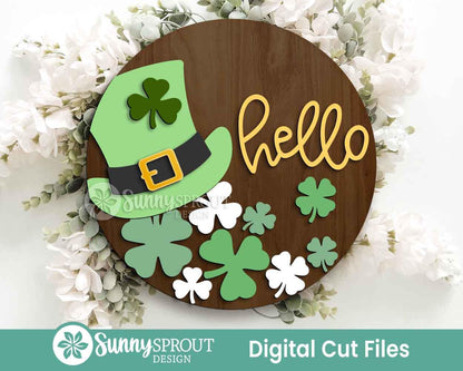 Hello Leprechaun Hat & Shamrocks Sign, Digital Download, SVG Laser Cut File, Cricut, Round Door Hanger Design, St. Patrick's Day Decor