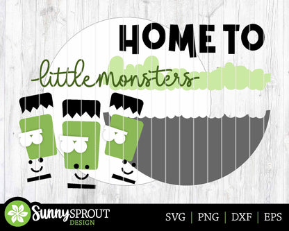 Home to Little Monsters Sign, Digital Download, SVG Laser Cut File, Cricut, Round Cute Kids Halloween Door Hanger Design