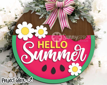 Hello Summer Watermelon Flower Sign, Digital Download, SVG Laser Cut File, Cricut, Round Door Hanger Design