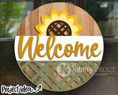 Welcome Plaid Sunflower Sign, Digital Download, SVG Laser Cut File, Cricut, Summer Fall Round Door Hanger Design