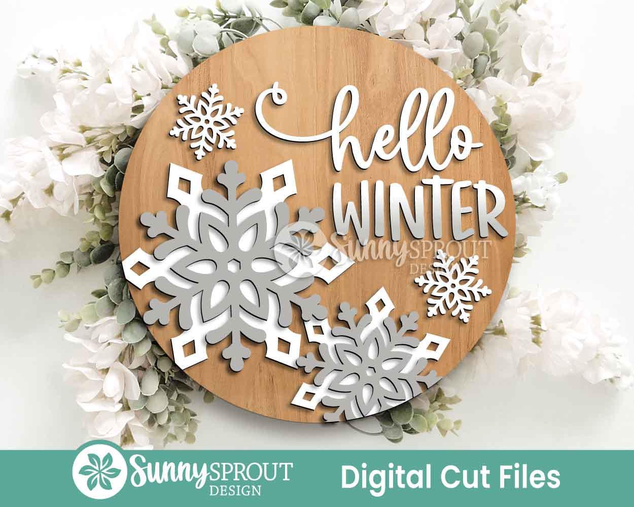 Hello Winter Snowflakes Sign, Round door hanger svg, Glowforge laser file, Cricut, Winter door decor, Winter welcome sign