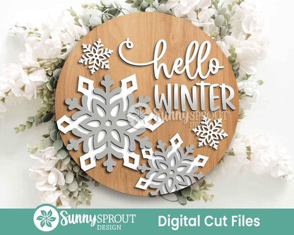 Hello Winter Snowflakes Sign, Round door hanger svg, Glowforge laser file, Cricut, Winter door decor, Winter welcome sign