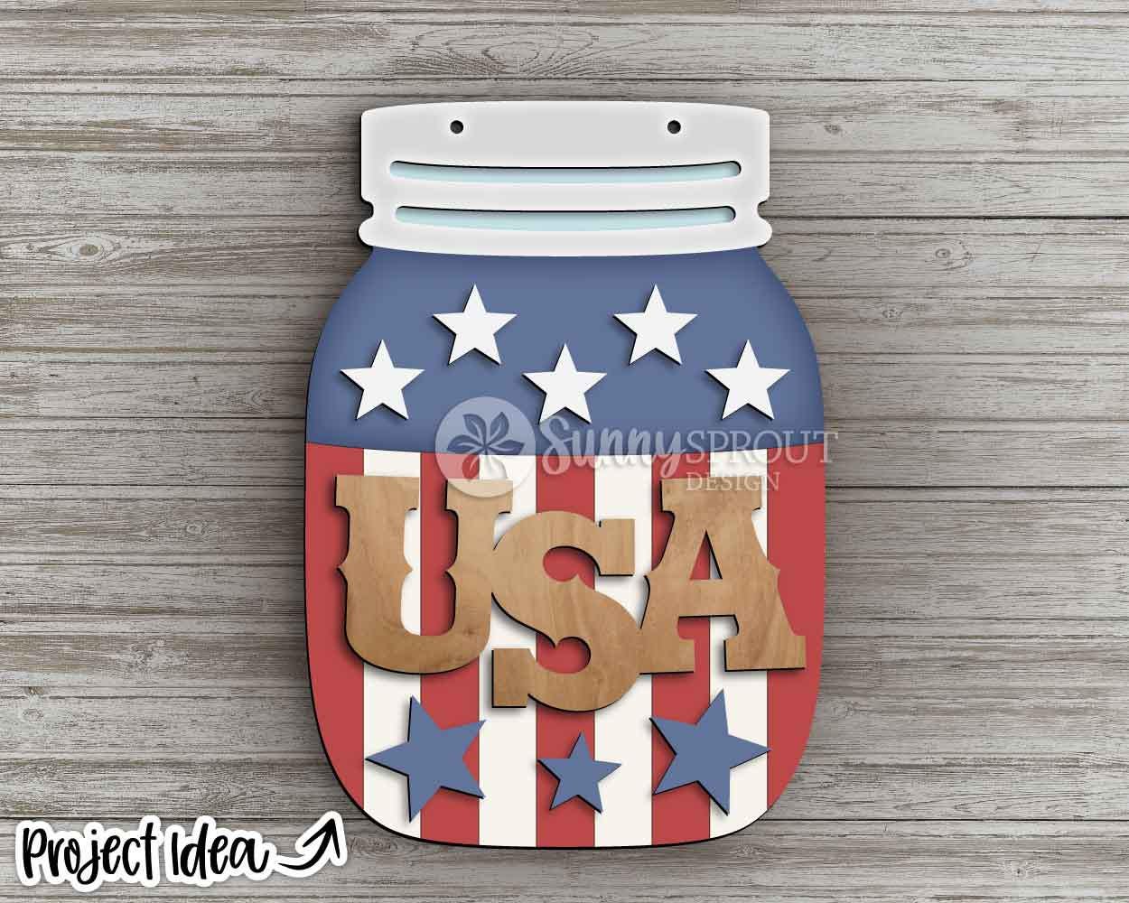 USA American Flag Mason Jar Sign, Digital Download, SVG Laser Cut File, Cricut, Door Hanger Design, Patriotic 4th of July Decor