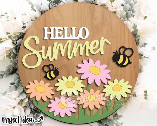 Hello Summer Daisy Bees Sign, Digital Download, SVG Laser Cut File, Cricut, Round Door Hanger Design