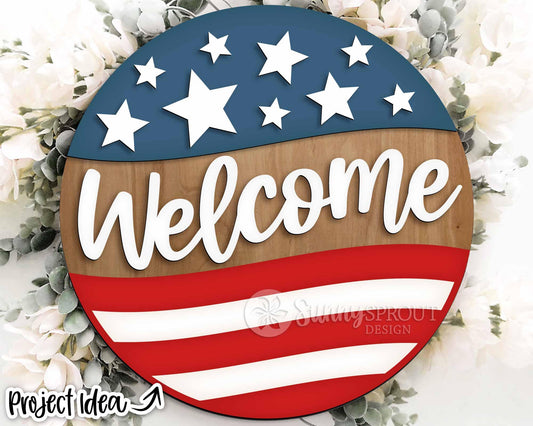 Welcome American Flag Star Sign, SVG Laser Cut File, Cricut, Round Door Hanger Design, Patriotic 4th of July Decor