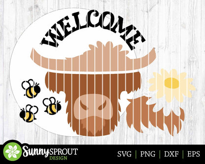 Welcome Highland Cow Bee Sign, Digital download, SVG Laser cut file, Cricut, Round door hanger design, Farm animal decor
