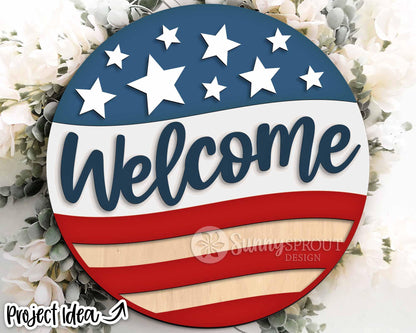 Welcome American Flag Star Sign, SVG Laser Cut File, Cricut, Round Door Hanger Design, Patriotic 4th of July Decor