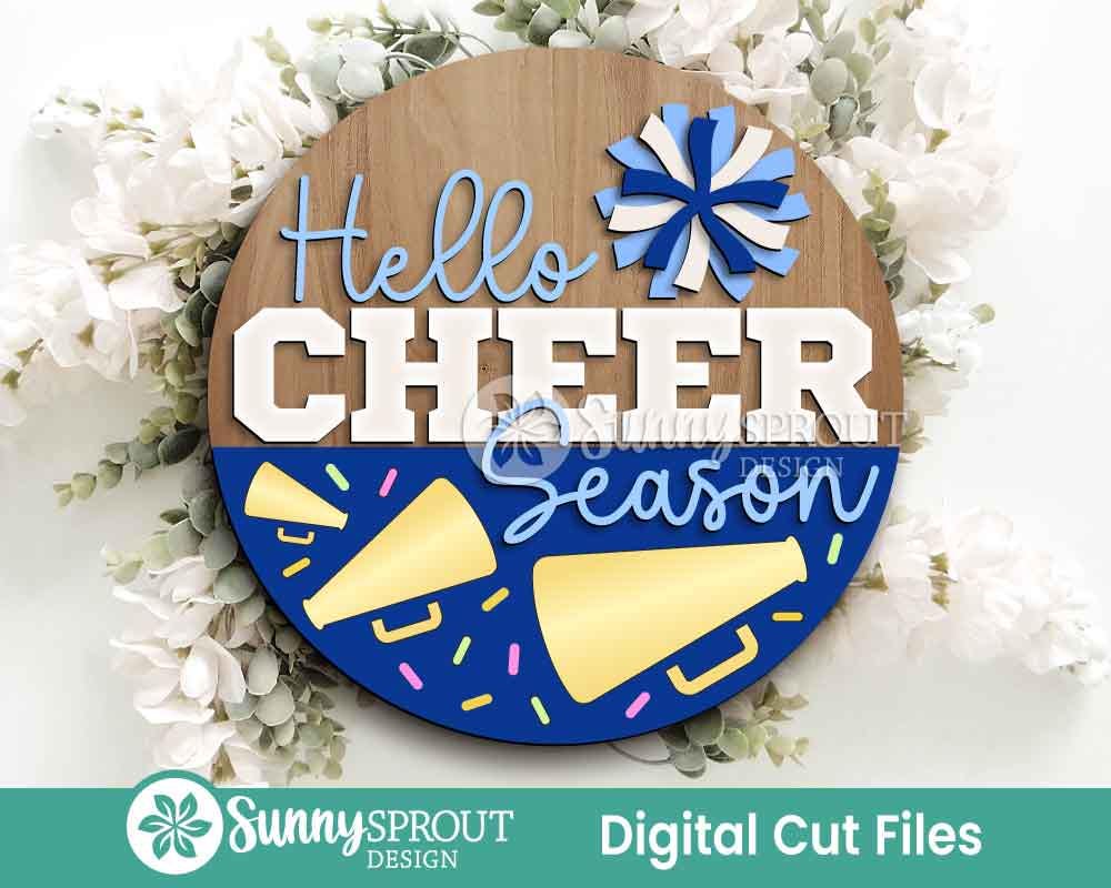 Hello Cheerleading Season Sign, Digital Download, SVG Laser Cut File, Cricut, Round Door Hanger Design, Sports Decor