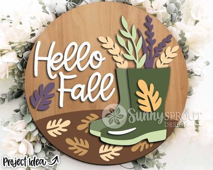 Hello Fall Boots Floral Leaf Sign, Digital Download, SVG Laser Cut File, Cricut, Round Welcome Door Hanger Design