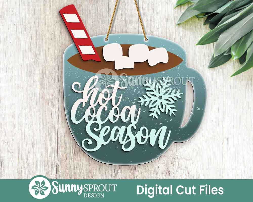 Hot Cocoa Season Mug Sign, Digital Download, SVG Laser Cut File, Cricut, Round Door Hanger Design, Christmas Winter Decor