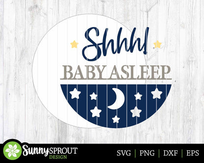 Shhh Baby Asleep Door Sign, Digital Download, SVG Laser Cut File, Cricut, Baby Nursery Round Door Hanger Design