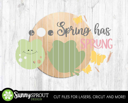 Spring Has Sprung Frog Butterfly Sign, Digital download, SVG Laser cut file, Cricut, Round door hanger design