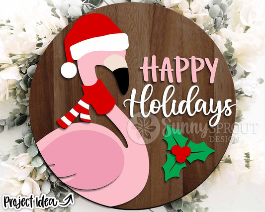 Happy Holidays Christmas Flamingo Sign, Digital Download, SVG Laser Cut File, Cricut, Round Door Hanger Design, Santa Decor