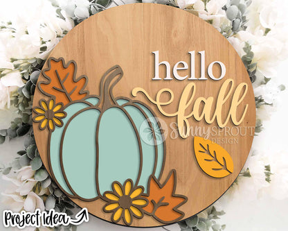 Hello Fall Outline Pumpkin and Leaves Sign, Digital Download, SVG Laser Cut File, Cricut, Round Fall Door Hanger Design