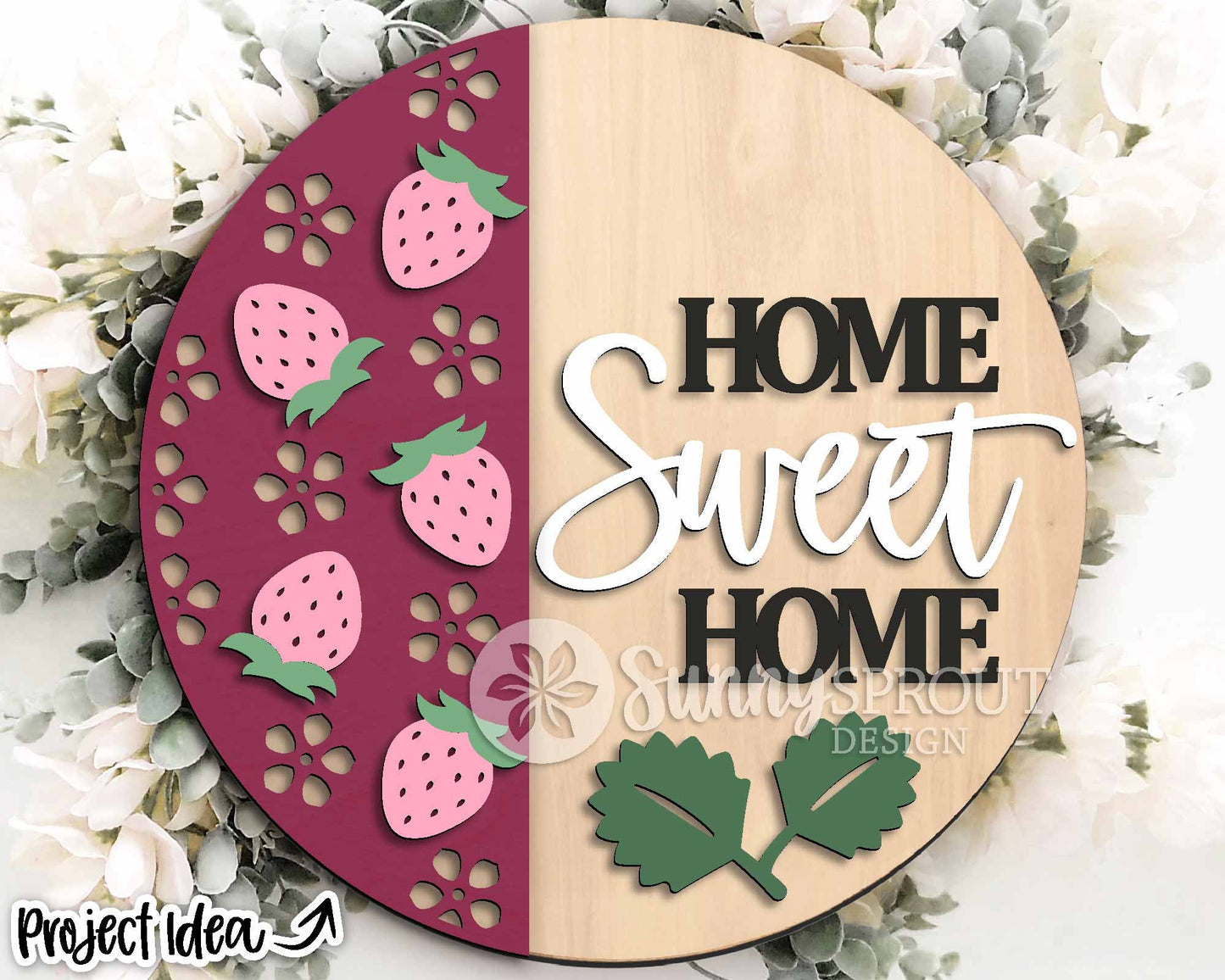 Home Sweet Strawberry Sign, Digital Download, SVG Laser Cut File, Cricut, Summer Round Door Hanger Design