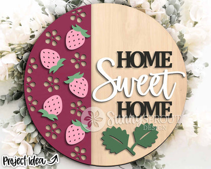 Home Sweet Strawberry Sign, Digital Download, SVG Laser Cut File, Cricut, Summer Round Door Hanger Design