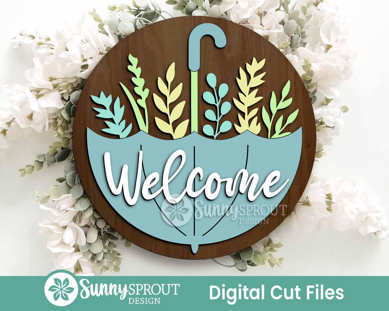 Welcome Upside Down Umbrella Sign, Digital download, SVG Laser cut file, Cricut, Round door hanger design, Spring Easter decor