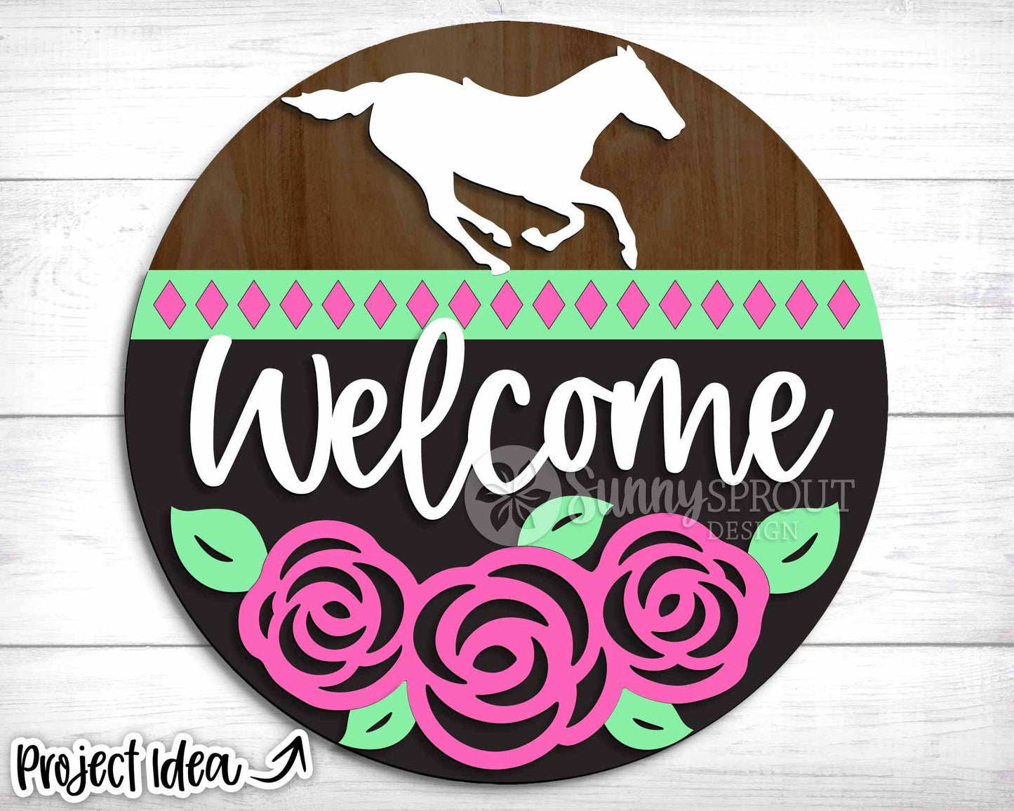 Welcome Rose Horse Sign, Digital download, SVG Laser cut file, Cricut, Round door hanger design, Kentucky Derby decor