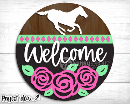 Welcome Rose Horse Sign, Digital download, SVG Laser cut file, Cricut, Round door hanger design, Kentucky Derby decor