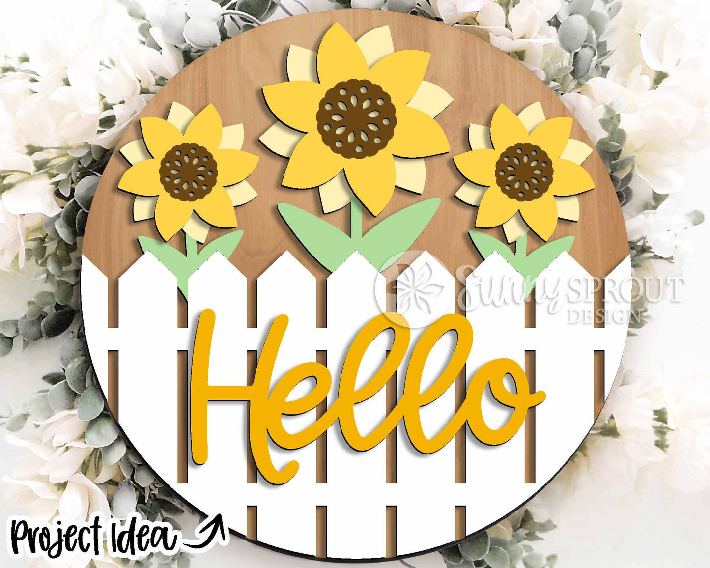 Hello Picket Fence Sunflowers Sign, Digital Download, SVG Laser Cut File, Cricut, Summer Fall Round Door Hanger Design