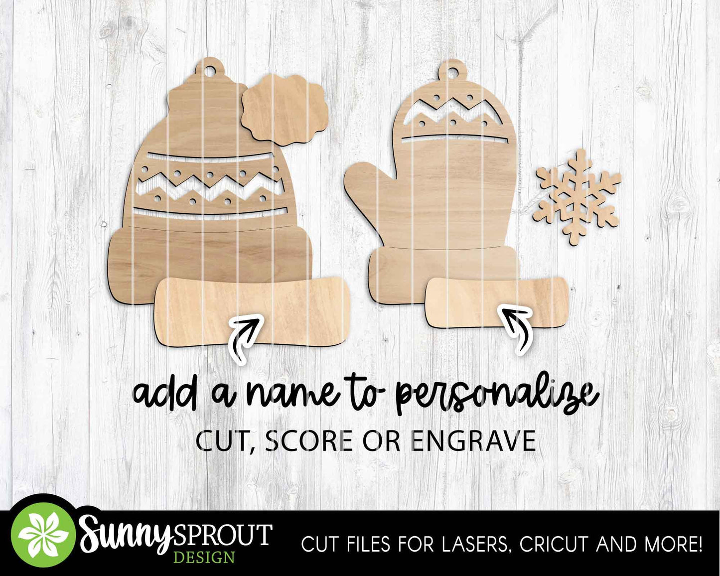 Winter Hat Mitten Ornaments, Digital download, SVG laser cut file, Cricut, Personalize name Christmas design