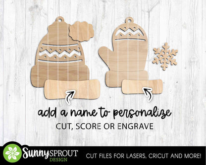 Winter Hat Mitten Ornaments, Digital download, SVG laser cut file, Cricut, Personalize name Christmas design