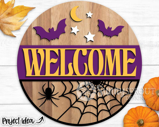 Welcome Spider Web Bats Sign, Digital Download, SVG Laser Cut File, Cricut, Round Halloween Door Hanger Design