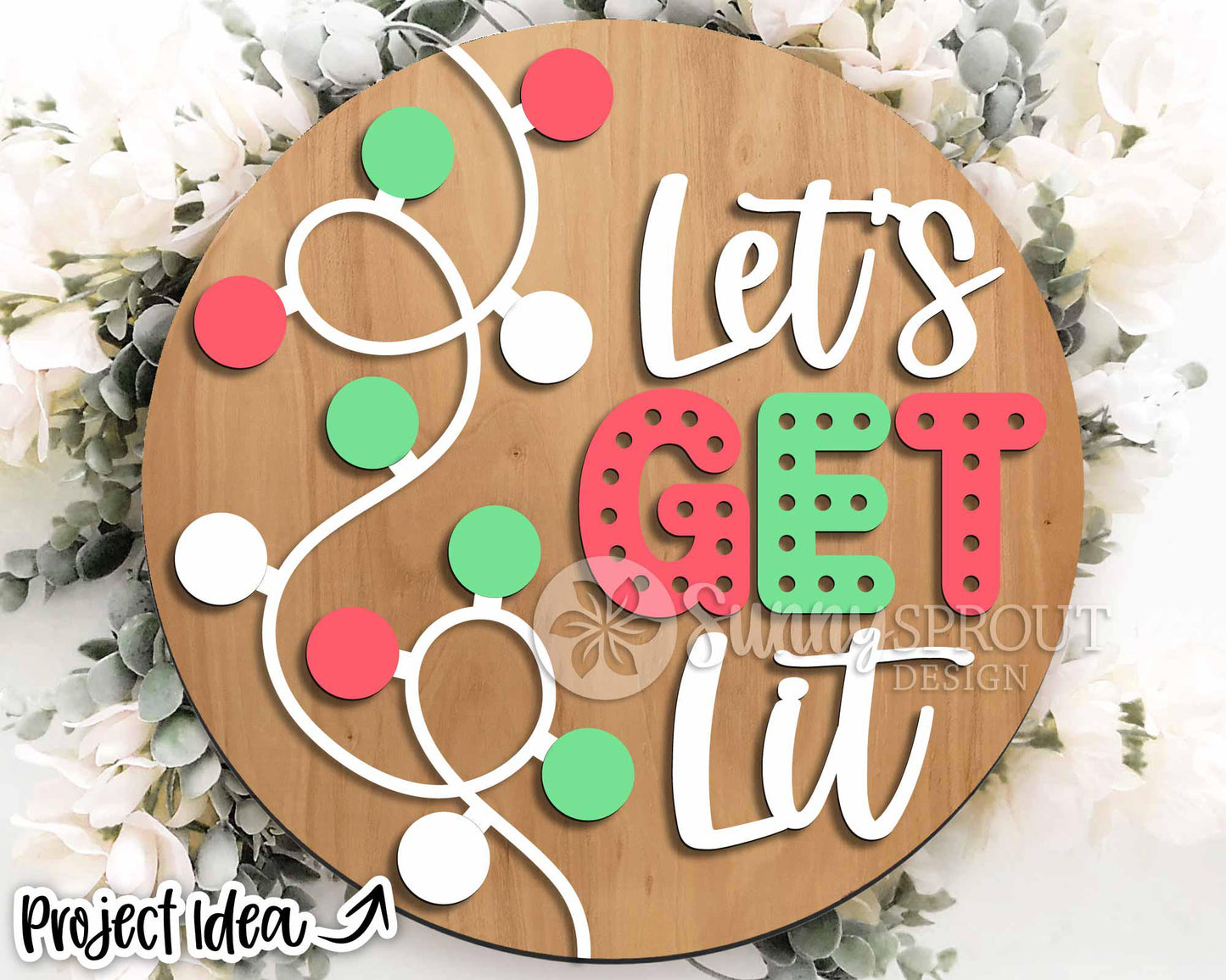 Let's Get Lit String Lights Sign, Digital Download, SVG Laser Cut File, Cricut, Round Door Hanger Design, Funny Christmas Decor