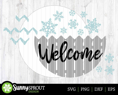 Welcome Fence Snowflakes Sign, Round door hanger svg, Glowforge laser file, Cricut, Christmas decor, Winter welcome sign