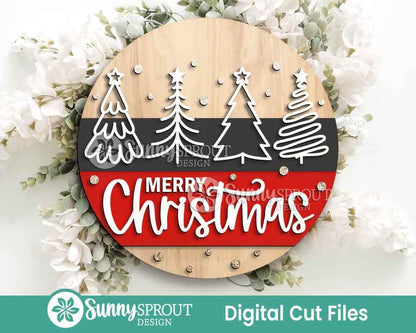 Merry Christmas Hand Drawn Trees Sign, Digital Download, SVG Laser Cut File, Cricut, Round Door Hanger Design