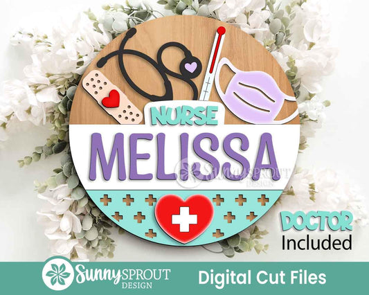 Nurse or Doctor Name Sign, Digital download, SVG Laser cut file, Cricut, Round door hanger design, Personalize nurse office decor
