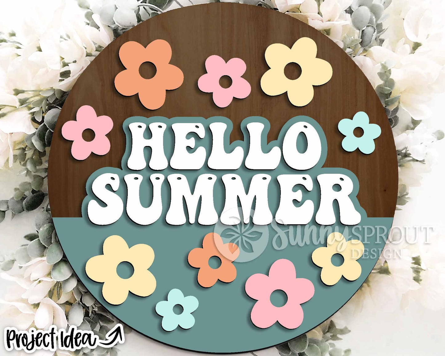 Hello Summer Retro Flower Sign, Digital Download, SVG Laser Cut File, Cricut, Round Door Hanger Design