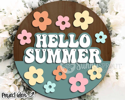 Hello Summer Retro Flower Sign, Digital Download, SVG Laser Cut File, Cricut, Round Door Hanger Design