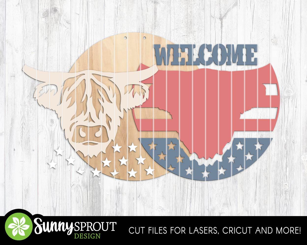 Welcome Patriotic Highland Cow Sign, Digital Download, SVG Laser Cut File, Round Door Hanger Design, 4th of July Independence Day Decor