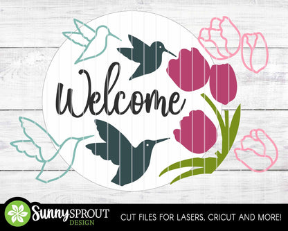 Welcome Hummingbird Tulips Sign, Digital download, SVG Laser cut file, Cricut, Round door hanger design, Spring summer decor