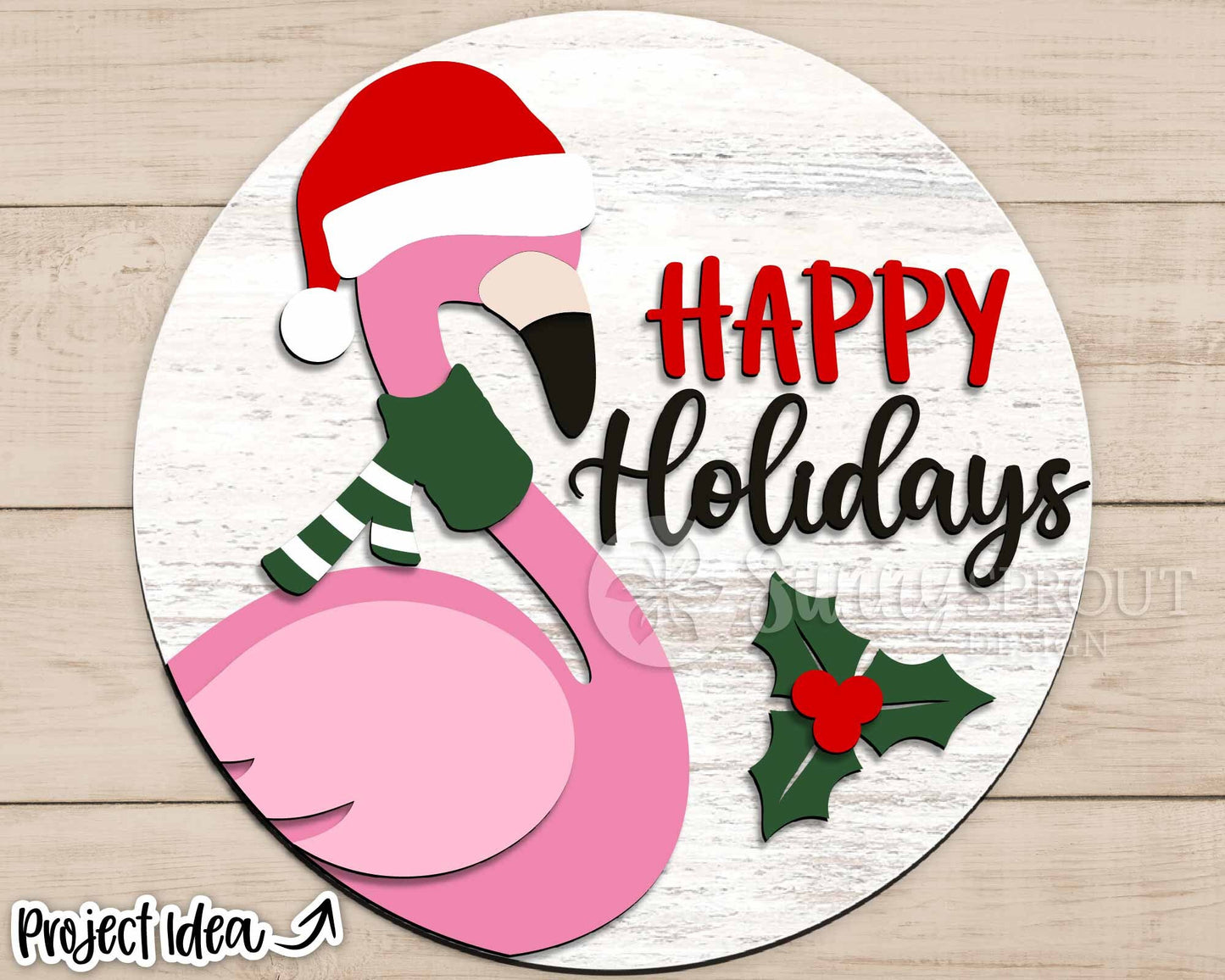 Happy Holidays Christmas Flamingo Sign, Digital Download, SVG Laser Cut File, Cricut, Round Door Hanger Design, Santa Decor