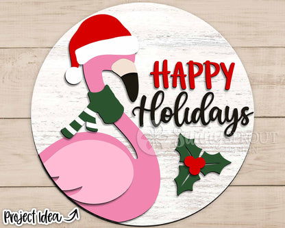 Happy Holidays Christmas Flamingo Sign, Digital Download, SVG Laser Cut File, Cricut, Round Door Hanger Design, Santa Decor
