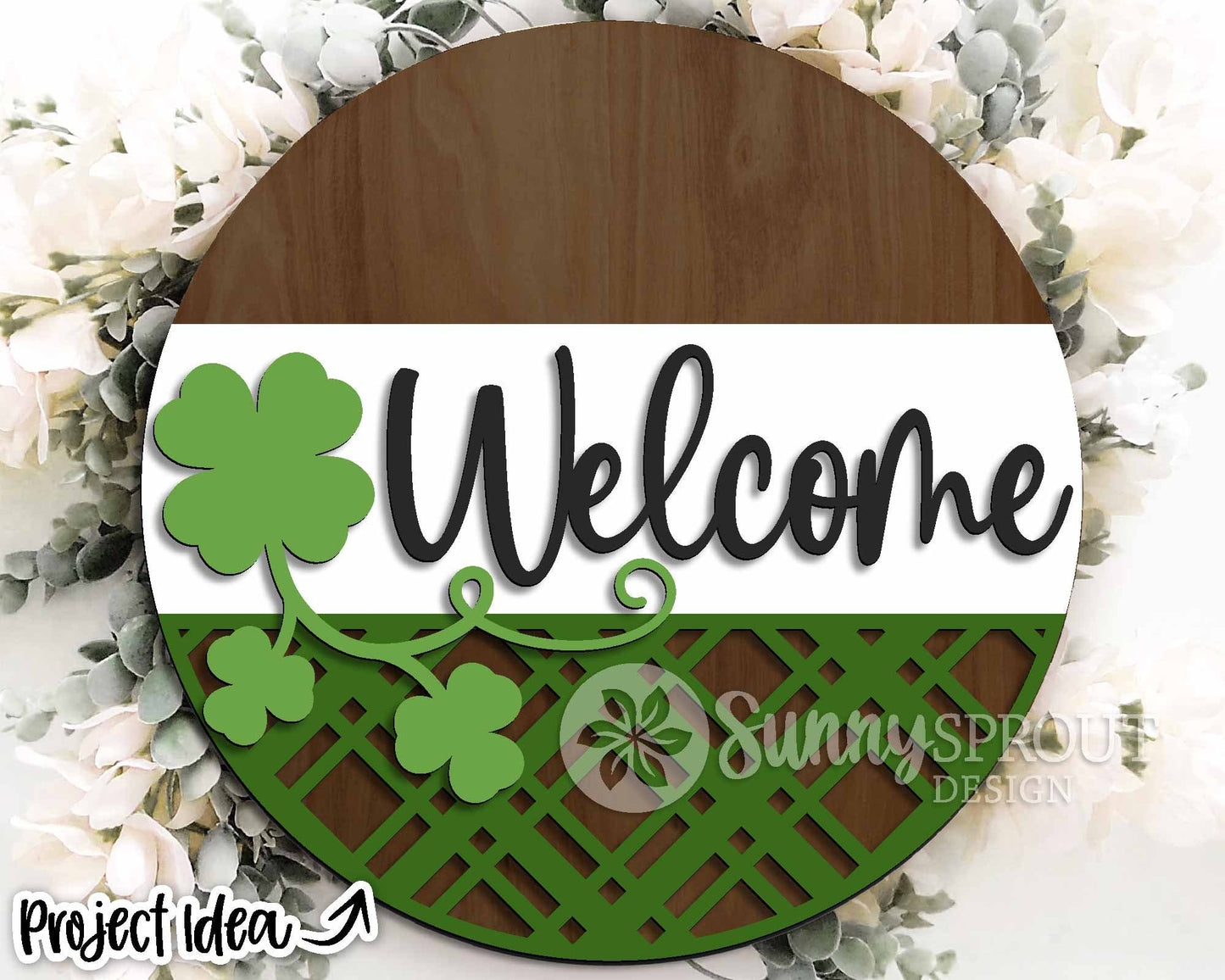 Welcome Lucky Clover Sign, Digital Download, SVG Laser Cut File, Cricut, Round Door Hanger Design, St. Patrick's Day Shamrock Decor