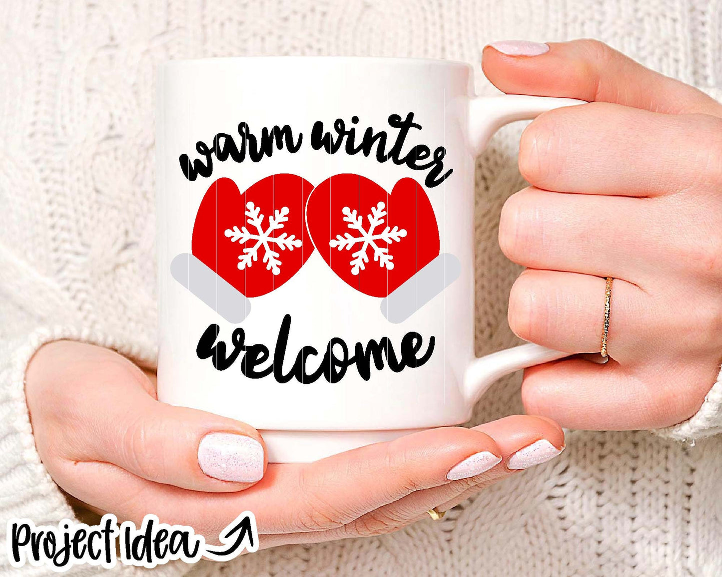 Warm Winter Welcome Mittens; DIGITAL Download | Cricut, Silhouette, Laser Cut File | Christmas Round Sign, Mug Design | svg png dxf eps