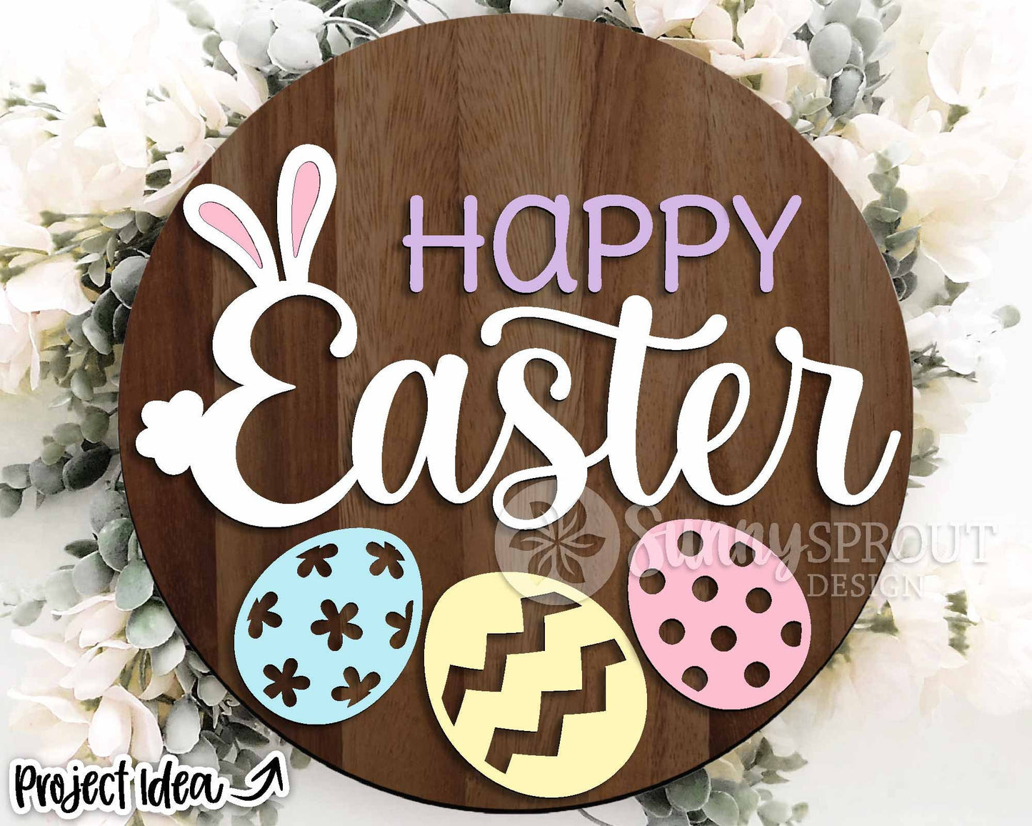 Happy Easter Bunny Eggs Sign, Digital download, SVG Laser cut file, Cricut, Round door hanger design, Spring Easter decor