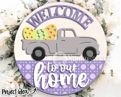 Welcome To Our Home Egg Truck Sign, Digital download, SVG laser cut file, Cricut, Round door hanger design, Farmhouse Easter decor