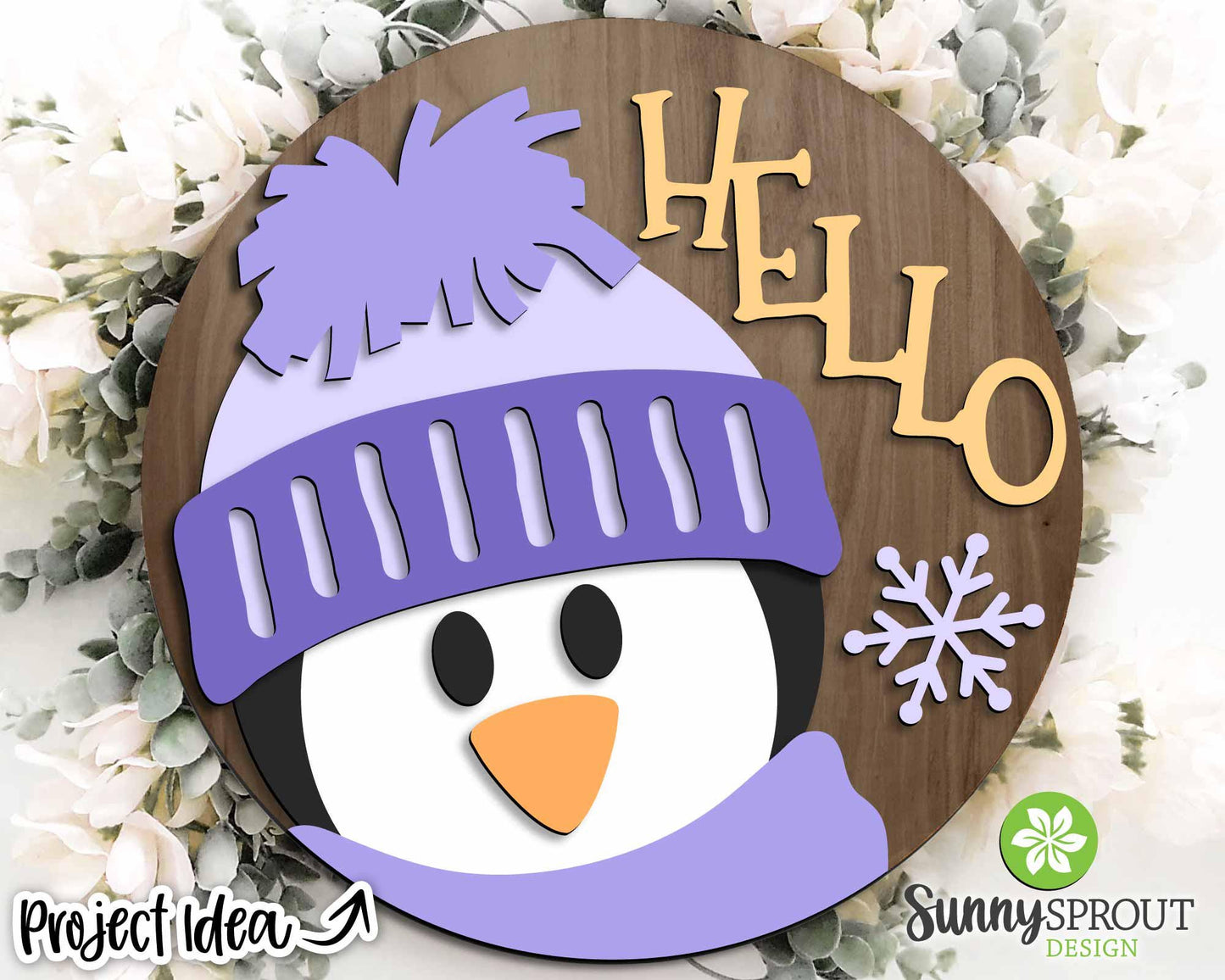 Hello Winter Penguin Sign, Round door hanger svg, Christmas holiday sign, Glowforge laser cut file, Cricut, Winter decor
