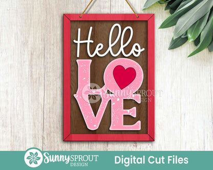 Hello Love Heart Sign, Digital Download, SVG Laser Cut File, Cricut, Door Hanger Wall Art Design, Valentine's Day Decor