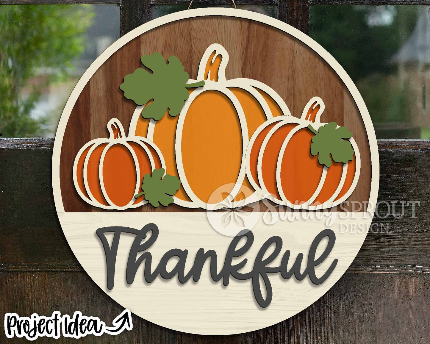 Thankful Three Pumpkins Sign, Digital Download, SVG Laser Cut File, Cricut, Round Thanksgiving Fall Door Hanger Design