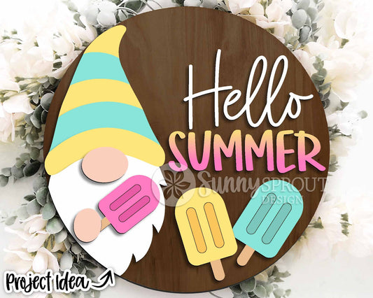 Hello Summer Gnome Popsicle Sign, Digital Download, SVG Laser Cut File, Cricut, Round Door Hanger Design