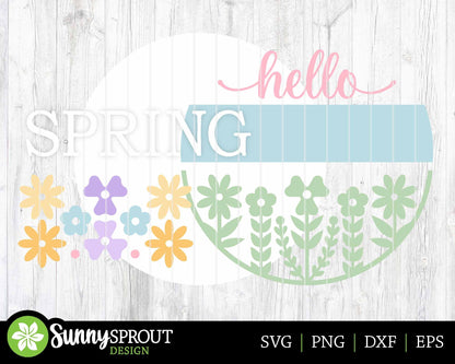 Hello Spring Flower Sign, Digital download, SVG Laser cut file, Cricut, Round door hanger design