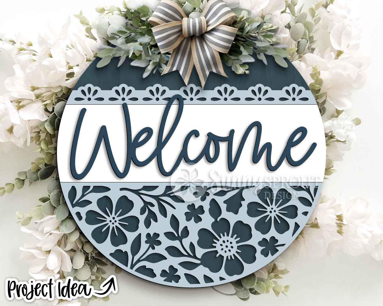 Welcome Floral Pattern Sign, Digital Download, SVG Laser Cut File, Cricut, Spring Summer Round Door Hanger Design