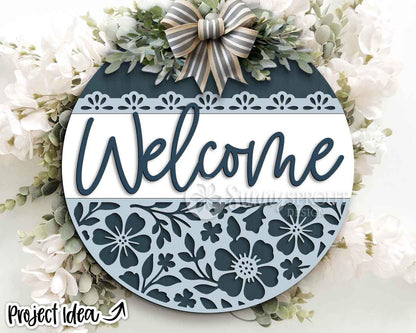 Welcome Floral Pattern Sign, Digital Download, SVG Laser Cut File, Cricut, Spring Summer Round Door Hanger Design