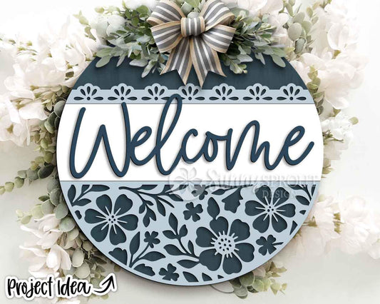 Welcome Floral Pattern Sign, Digital Download, SVG Laser Cut File, Cricut, Spring Summer Round Door Hanger Design